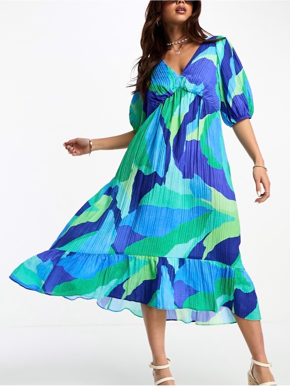 Anthropologie Nobody’s Child Amy Puff Sleeves Midi Abstract Blue & Green Dress